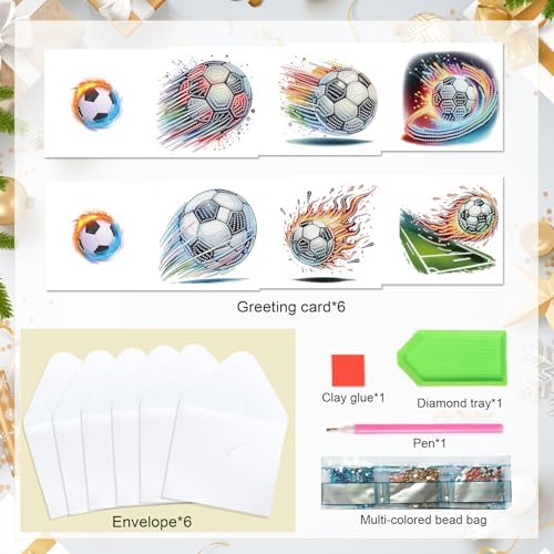 Tontut 6pcs Diamond Art Painting Kit Greeting Card, Football 5D DIY Diamond Handmade Holiday Sparkling Greeting Card with Envelope, Holiday Gift Congratulation - Image 3