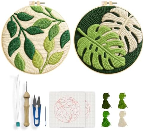 INFUNLY 2 Set Green Leaves Punch Needle Kit for Beginners Palm Leaf Punch Needle Embroidery Kits for Adults DIY Punch-Stitching Kit with Instruction Threader Needles Hoop for Wall Decor 8.7''x8.7'' by INFUNLY