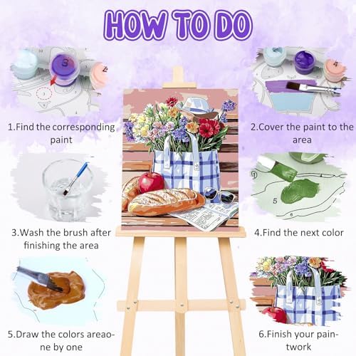 RICUVED Flowers Paint by Numbers for Adults, Bench Paint by Numbers Kit for Adults Beginners, Bread DIY Acrylic Pink Oil Painting on Canvas Easy for Gift Home Wall Decor 16x20 Inch - Image 5