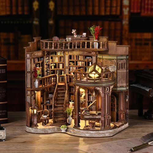 Book Nook Vintage Library Wooden DIY Kit - 3D Bookshelf Model with LED Lighting, Classic Study Room Decor for Adults - Image 4