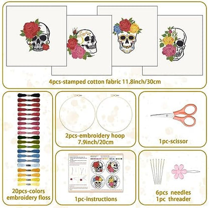 BEUNITONE 4 PCS Skull Embroidery Kit Flower Cross Stitch Kit for Beginners Adults Brain Embroidery Starter Kit Bone Needlepoint Kit for Beginners Inner DIY Embroidery kit with Instructions Home Decor - Image 2