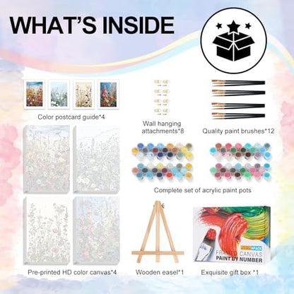 4 Pack Framed Paint by Numbers Kit for Adults Wildflowers with Wooden Easel - Image 5