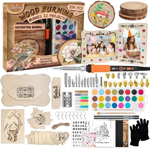 K KERNOWO Wood Burning Kit - 156Pcs All-in-One Wood Burning Tool Pen Adjustable Temperature Wood Burner Kit Crafts Gifts for Adults & Teens, Woodburning Kits for Beginner Pyrography by KKERNOWO