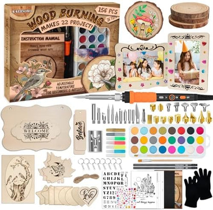 K KERNOWO Wood Burning Kit - 156Pcs All-in-One Wood Burning Tool Pen Adjustable Temperature Wood Burner Kit Crafts Gifts for Adults & Teens, Woodburning Kits for Beginner Pyrography by KKERNOWO