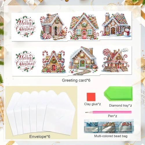 jinglinhh 6pcs Diamond Art Painting Christmas House Candy Cane Wreath Greeting Cards with Envelopes, DIY Card Making Kits for Adults, Diamond Art Postcards Christmas Cards Craft Gifts - Image 3