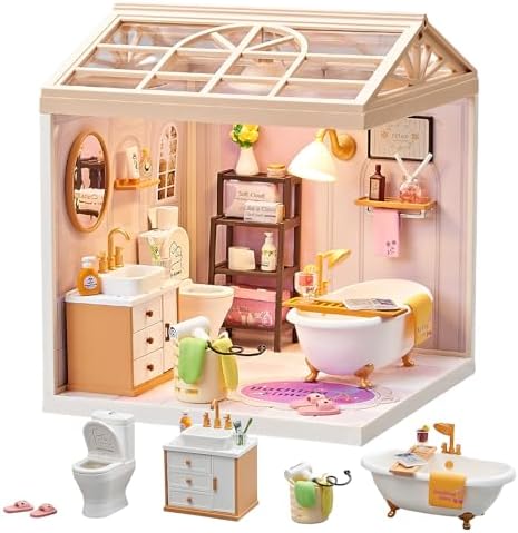 DIY Miniature Bathroom Kit with 101Pcs, 1:24 Scale Dollhouse Furniture with LED Light, Realistic Accessories & Connectable Base for Adults & Kids 8+ by Qudify