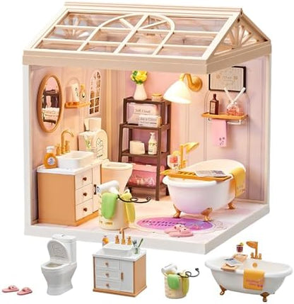 DIY Miniature Bathroom Kit with 101Pcs, 1:24 Scale Dollhouse Furniture with LED Light, Realistic Accessories & Connectable Base for Adults & Kids 8+ by Qudify