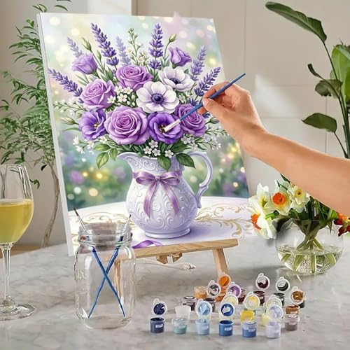 MaiMMaledy Paint by Numbers Kit 8Lx12W inch for Adults Beginners Canvas Pictures with Framed Drawing Painting Acrylic Pigment with Wooden Triangle Easel Purple Bouquet - Image 2
