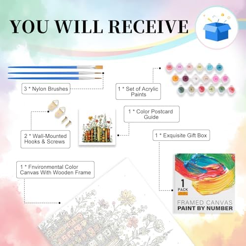Camocin Framed Paint by Numbers Kit for Adults Beginner - Vintage Books and Wildflowers Paint by Number Canvas with Frame, Cottagecore DIY Acrylic Painting Kit for Book Lovers Home Decor 12x12 Inch - Image 4