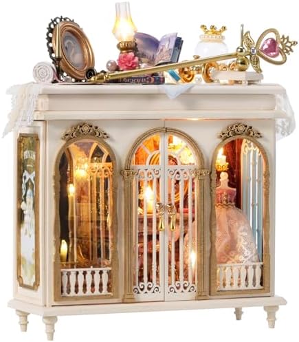 CUTEROOM DIY Miniature Dollhouse Kit Vintage European Wardrobe, 3D Wooden Diorama Cabinet with LED Light, Handcrafted Princess Palace Theme Desktop Ornament Collectible Gift for Adults by CUTEROOM