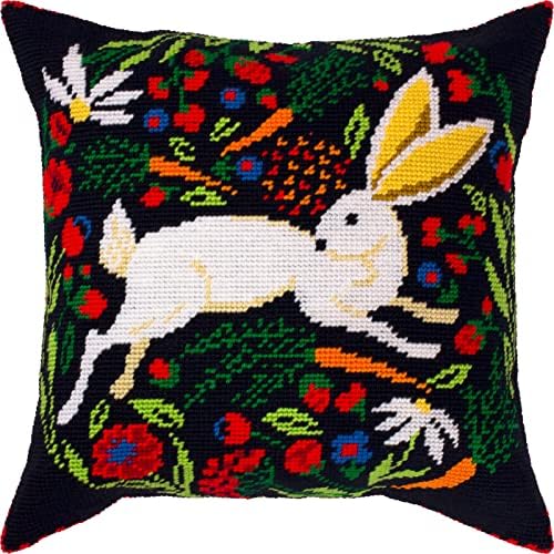 Brvsk Tapestry Embroidery Kit for Adults and Beginners — Hare on Black 16″ × 16″ with Clear, Precise Printed Design on Cotton Canvas; Includes 2 Needles, Yarn, and Easy-Read Chart by Brvsk