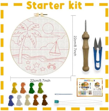 INFUNLY Sea Beach Punch Needle Kits for Adults Beginners Coconut Trees Needle Embroidery Starter Kit Boats DIY Punch Needles Kit with Instruction Needles Fabric for Art Crafts Festival Gift Home Decor - Image 2
