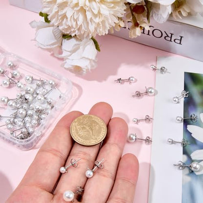 1 Box 120Pcs Silver Pearl Earring Posts Earring Findings Hypoallergenic Bulk Stainless Steel Ear Stud Finding with Loop Imitation Pearl Butterfly Back Ball Ear Post for Jewelry Making Crafts - Image 3