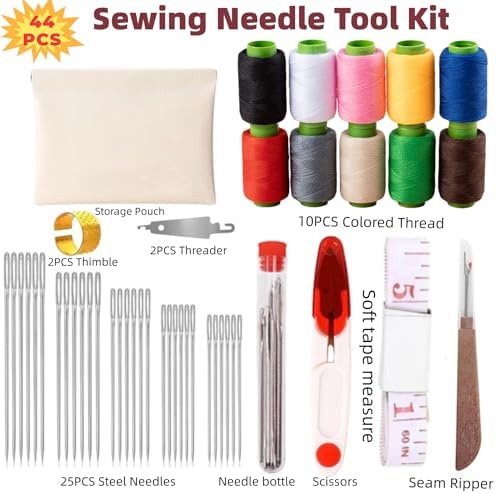 wxfhtda 44Pcs Portable Sewing Kit for Adults and Beginners- Big Eye Stainless Steel Needles for Hand Sewing Kit with Thread Ripper, Threads, Needle Threaders and Thimbles - Image 3