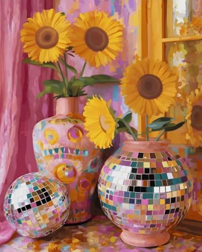 GEEHEIY Paint by Numbers Kit for Adults, Disco Sunflower Vase, 16 x 20 Inch by GEEHEIY
