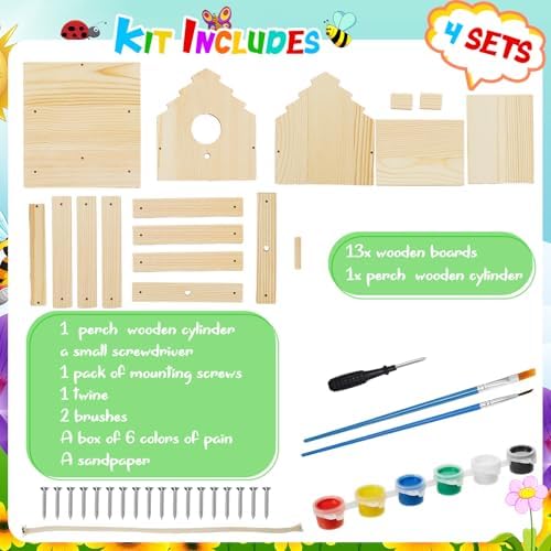 Juexica 4 Pack DIY Birdhouse Kits for Kids Ages 6+ Build and Paint Wooden Bird House Arts and Craft Project with Paint Strips Brushes for Boy Girl Adult Classroom Indoor Outdoor Crafts (Groovy) - Image 2