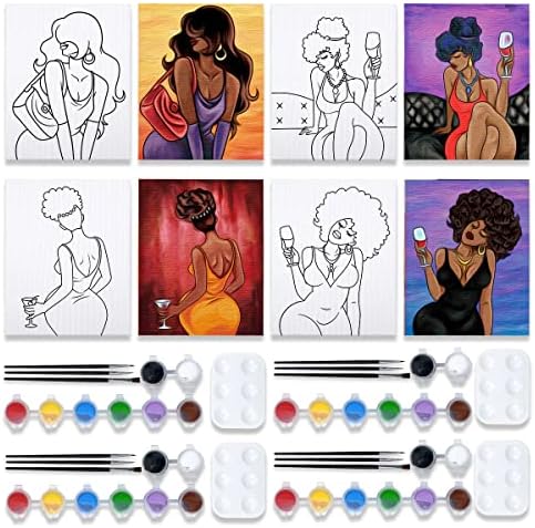 VOCHIC 4 Pack Canvas Painting Kit Pre Drawn Canvas for Painting for Adults Party Kits Paint and Sip Party Supplies 8x10 in 8 Acrylic Colors,3 Brush,1 Pallet Chic Girl Art Set by VOCHIC