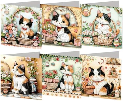6pcs Little Garden Cat Diamond Art Painting Greeting Cards Kit with Envelopes, 5D DIY Special Shaped Card Making Kits for Adults, Holiday Birthday Postcards, Creative Craft Gifts by Unknown