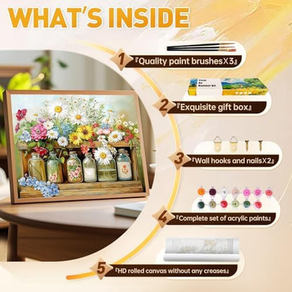 Qaisxoty Flowers Paint by Numbers Kit for Adults, Rolled Floral Adult Paint by Number, Complete Paint by Number Kit with Canvas, Box, Brushes, Acrylic Paints - DIY Home Decor & Gift (12”x16”) - Image 7