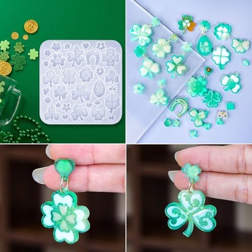 3 Pack Shamrock Silicone Resin Earring Molds, Lucky Straw Shape Earring UV Molds Epoxy Resin Casting Mold with 200Pcs Earring Hook for St Patrick's Day Keychain Jewelry Pendant DIY Supplies - Image 5