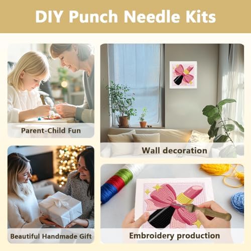 Doodlream Lipstick with Bow Needle Kit for Beginner, 9.4"x 9.4" Makeup Punch Stitching Craft Set, DIY Embroidery Starter with Printed Frame, Instruction, Threader, Yarn, Pinch Needle - Image 4