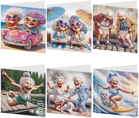 C'eitura 6Pcs Happy Old Lady Diamond Art Greeting Card Kit – DIY Rhinestone Painting Postcard Set for Christmas New Year Holiday Party Favors, Creative Craft Gift for Adults by C%27eitura