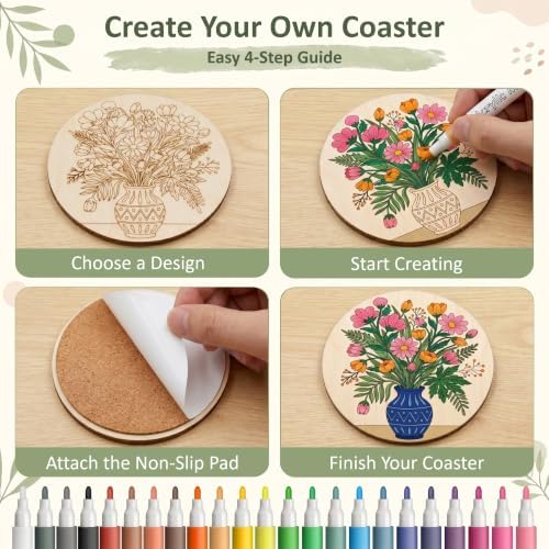 Wooden Drink Coasters Kits for Adults, 65 Pcs Paint Your Own Set with 24 Markers, 20 Coasters, 20 Cork Mats, 1 Holder(Flower) - Image 4