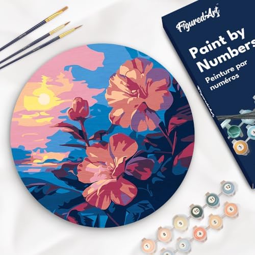 Figured'Art Paint by Numbers Kit for Adults on Wood Slice, 11.8in Diameter - Hibiscus at Sunset - Craft Art Painting DIY Canvas by FiguredArt