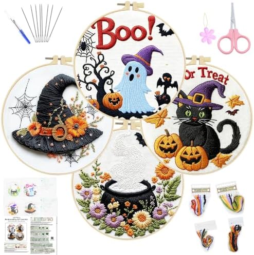 4 Sets Halloween Embroidery Kits for Beginners, Halloween Cross Stitch Kits by Unknown