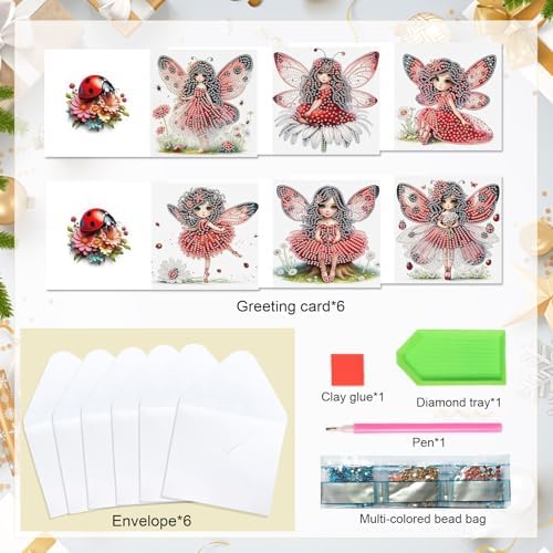 LazyFold 6 Pcs Diamond Art Painting Greeting Cards Kits, Red Fairy Handmade Festival Greeting Cards with Envelopes Diamond Art Crafts Birthday Cards Creative Gift - Image 3