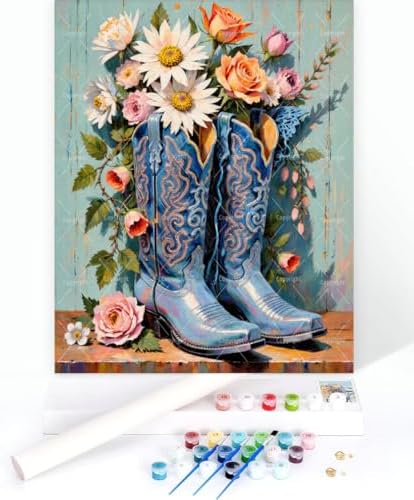 Western Paint by Numbers Kit for Adults - DIY Blue Cowboy Boots with Flowers Painting on Canvas 16x20 Inches, Acrylic Paint Set, Suitable for Beginners, Art for Home Decoration or Gifts， Unframed - Image 3
