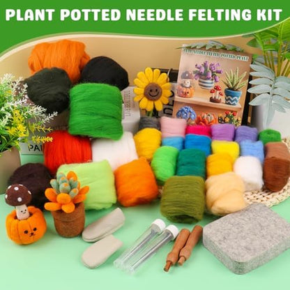 Needle Felting Kit for Beginners, 28 Colors Wool Roving DIY Succulent Plants Craft Set with Felting Needles, Pad & Tools, Wool Felt Kit for Mini Potted Plants Home Decoration & Christmas Gift - Image 3
