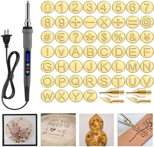 56pcs New Wood Burning Kit With Letter Stamps Copper Mold DIY，Hot Stamps Tool with Figure Alphabet,Wood Burner Tips Adjustable Temperature Soldering Iron Pen,DIY Kit Carving Adults Crafts Beginners by Pootelifys