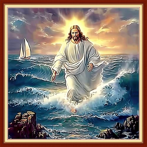 Joyhoor Cross Stitch Kits for Beginners Stamped Cross-Stitch Supplies Needlework preprint Embroidery Kits for Adults DIY Needlepoint Kit Embroidery Patterns 11CT-Jesus on the Sea 18x18 inch by JoyhoorCrossStitchKits