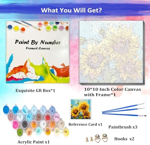 JUJUHOOD Sunflower Flower Framed Paint by Numbers Kit for Adults Beginner & Kids Ages 8-12, Acylic Paint by Number Without Easel,Watercolor Paint by Numbers for Gift Home Wall Decor (10x10Inch) - Image 4