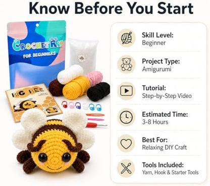 Kovarela Crochet Kit for Beginners, Cute Bee Amigurumi with Video Tutorials - Image 2