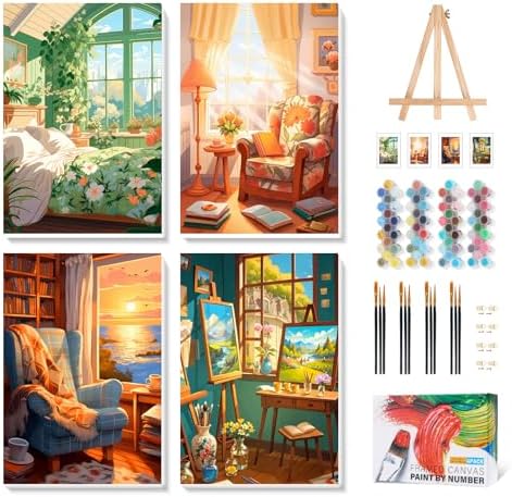 Camocin 4 Pack Framed Paint by Numbers Kit for Adults with Wooden Easel by CamocinDIYKit