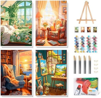 Camocin 4 Pack Framed Paint by Numbers Kit for Adults with Wooden Easel by CamocinDIYKit