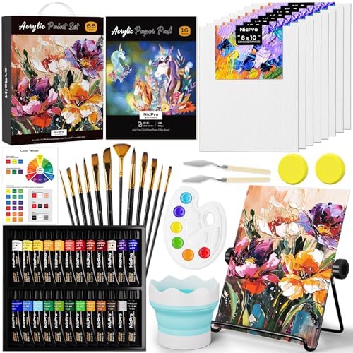 Nicpro 68PCS Acrylic Paint Canvas Set for Adults with 24 Paint for Beginner by Nicpro