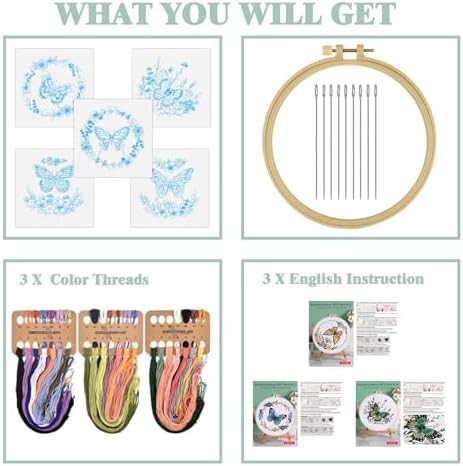 GLTAYLMY 3 Sets Butterfly Embroidery Starter Kit for Beginners Flower Stamped Cross Stitch Kits with Instructions for Beginners Adults Include Embroidery Hoop Threads and Needles - Image 2