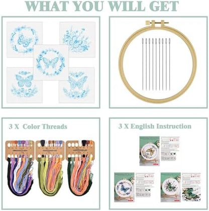 GLTAYLMY 3 Sets Butterfly Embroidery Starter Kit for Beginners Flower Stamped Cross Stitch Kits with Instructions for Beginners Adults Include Embroidery Hoop Threads and Needles - Image 2