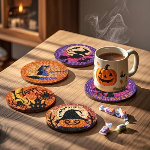 EWJRNSF 6 PCS Halloween 5D Diamond Painting Coasters Kit with Holder DIY - Image 4