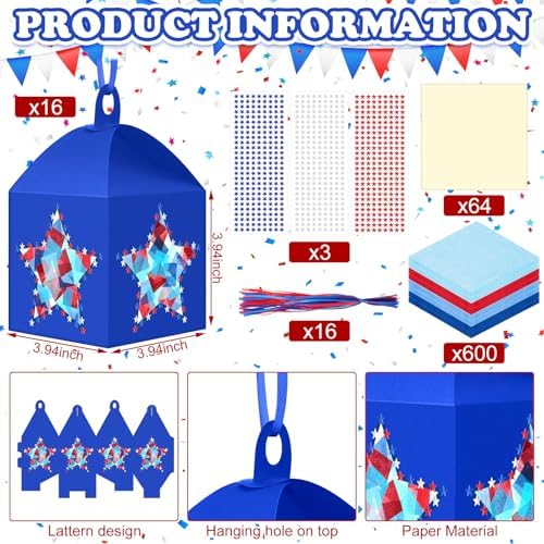 Maitys 16 Sets Patriotic Red Blue Star Paper Lantern Suncatcher Craft Kits - Image 2