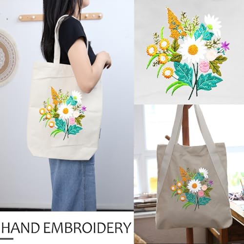 CREAWONDER Canvas Tote Bag Embroidery Kit with Pattern for Beginners, Arts and DIY Embroidery Crafts Kits for Adults, Include Instructions, Thimble, Embroidery Hoops, Color Threads and Tool - Image 2