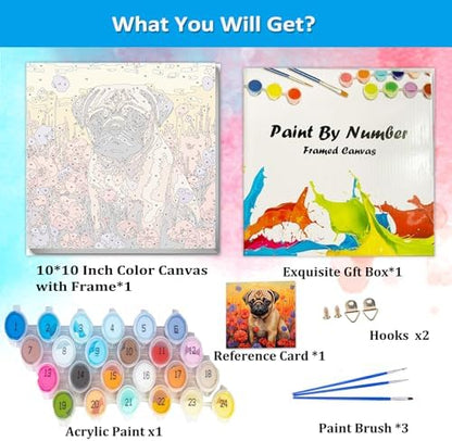 Artunion Framed Paint by Numbers Kit for Adults Beginners & Kids Ages 8-12,Pug Dog Paint by Number with Frame,Dog Animal Paint by Numbers Kit on Canvas 10 * 10 Inch Without Easel - Image 4