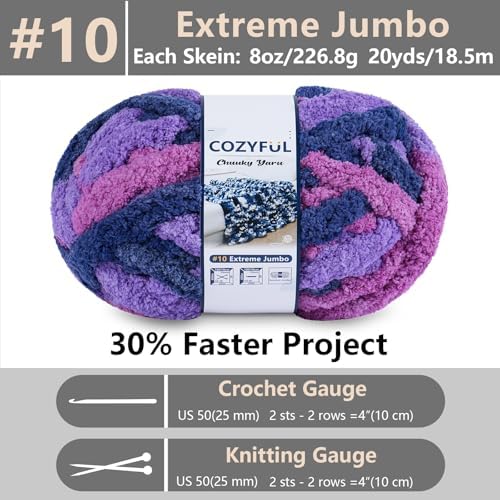 Cozyful Chunky Yarn for Hand Knitting - #10 Chunky Chenille Blanket Yarn, Jumbo Big Thick Chunky Yarns for Crocheting, Tie Dye Bulky Knit Yarns, 8 Skein (20 yds 8 oz Each Skein), Multi Purple - Image 2