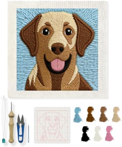 INFUNLY Labrador Dog Punch Needle Kit Animal Punch Needle Embroidery Kits for Adults DIY Punch-Stitching Kit with Instruction Threader Needles Square Frame for Wall Decor 9.4''x9.4'' by INFUNLY