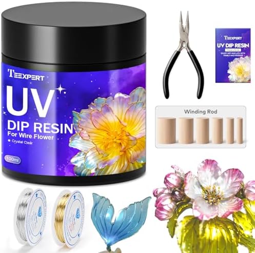 Teexpert UV Dip Resin for Wire Flowers Kit, 100g Crystal Clear UV Resin Starter Kit with 6 Winding Rods, Pliers, 2Pcs 31FT Wires for Jewelry Making, Fast Cure Thick Glue for DIY Flower Decoration by Teexpert
