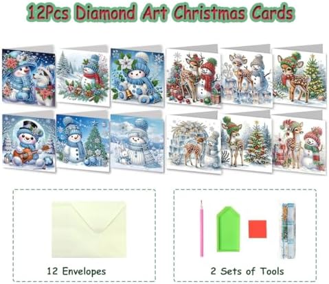 12 Packs Diamond Art Cards Kit, Diamond Painting Greeting Cards with Envelopes, DIY Card Making Kits for Adults, Gifts for Families, Friends, Partners (Snowman) - Image 2
