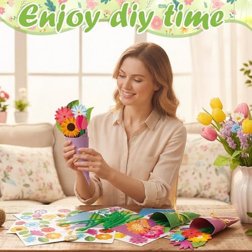 Motipuns 48 Sets Mother's Day Crafts Kit DIY Flower Paper Crafts Colorful Bouquets Make Your Own Flower Gifts for Spring Teacher Appreciation Gifts Handmade Project Mother's Day Home Activities - Image 5